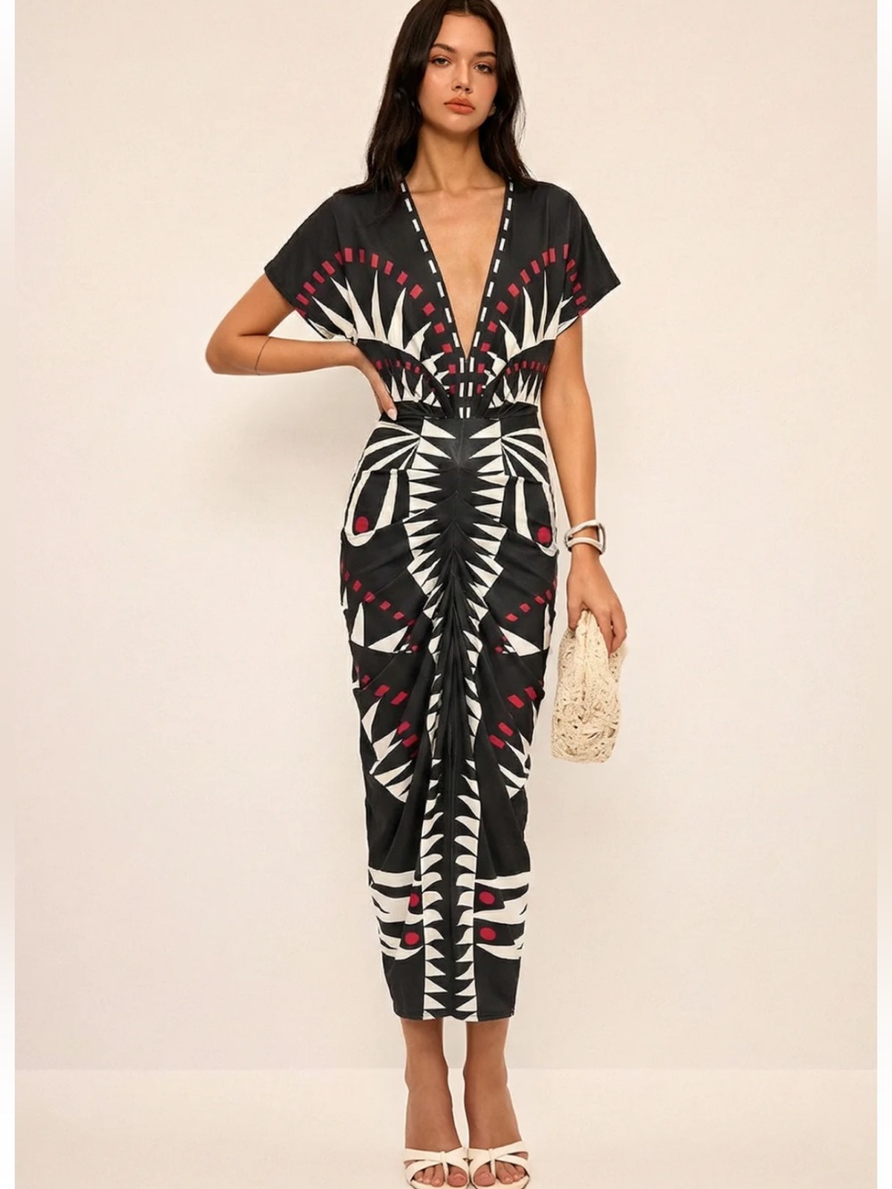 Commense Black Graphic V-Neck Midi Dress with Accents